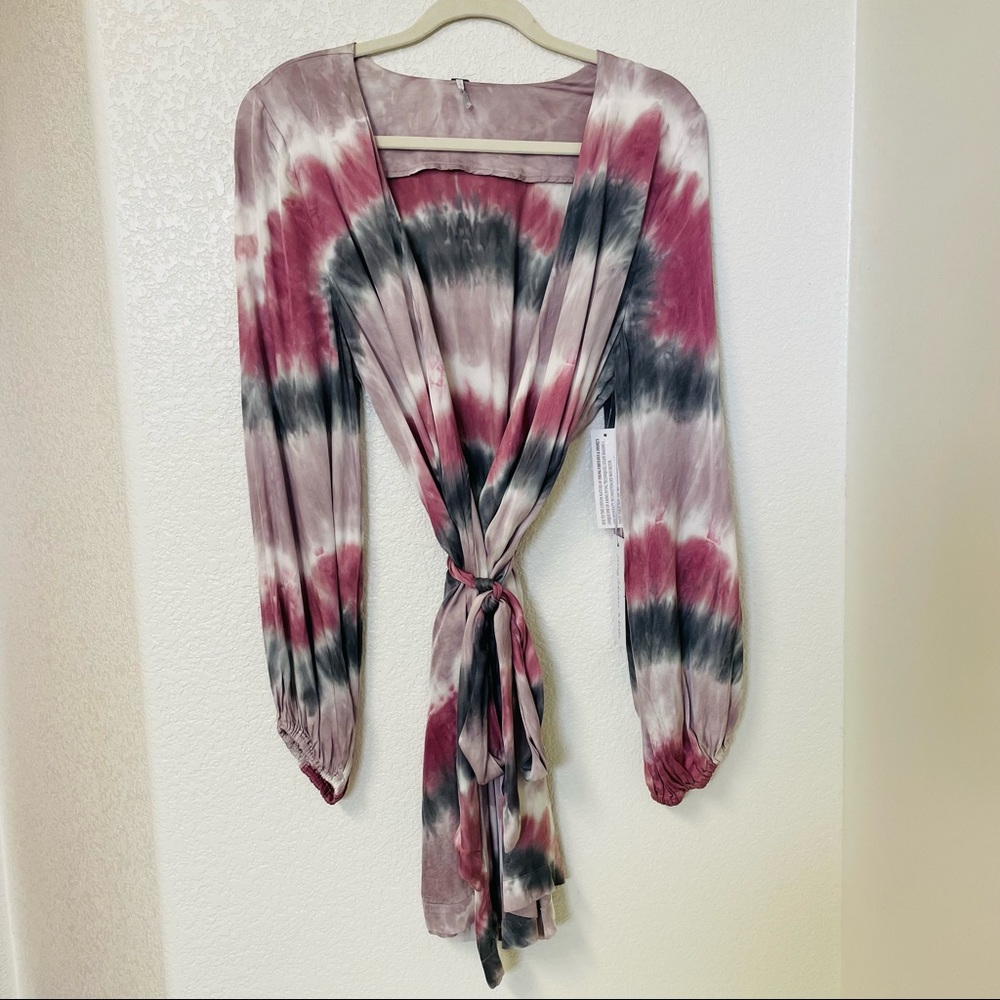 YFB Tie Die Watercolor Silky Balloon Sleeve Wrap Dress